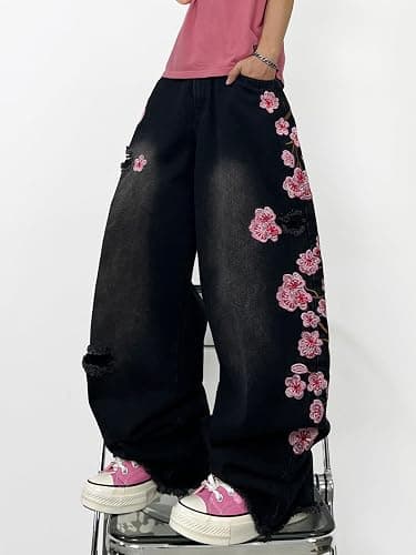 DFGIGT Men's Hip Hop Baggy Jeans Embroidered Wide Leg Skater Jeans Loose Fit Denim Pants Streetwear thumbnail 4