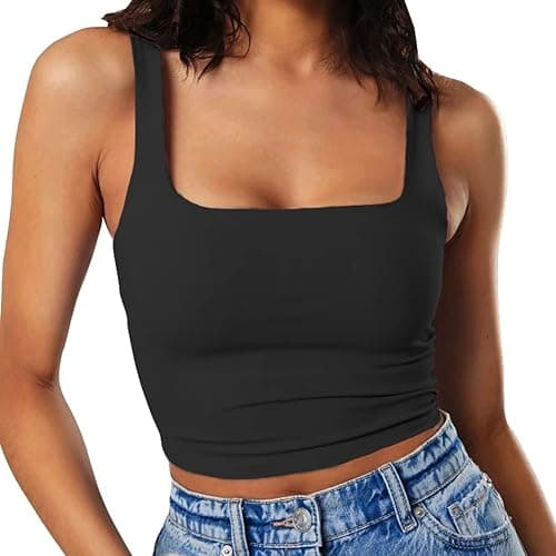 Artfish Women's Sleeveless Strappy Tank Square Neck Double Layer Workout Fitness Casual Basic Crop Tops - Image 1