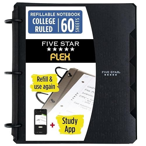 Five Star Flex Refillable Notebook + Study App, College Ruled Paper and 1 Inch TechLock Ring Binder with Pockets, Tabs and Dividers, 200 Sheet Capacity, Black (29328AA2) - Image 1