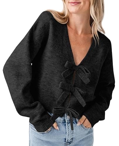 Saodimallsu Womens Bow Sweater Cropped V Neck Long Sleeve Fall Cozy Knit Loose Trendy Pullover Sweaters thumbnail 4