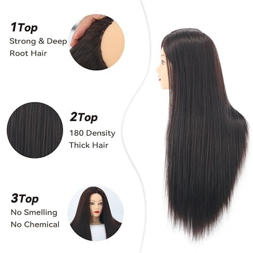 Mannequin Head Human Hair, 80% Real Hair 26-28" Cosmetology Mannequin Head Hair Styling Hairdressing Practice Training Doll Heads with Clamp Holder and Tools (#4 Dark Brown) thumbnail 5