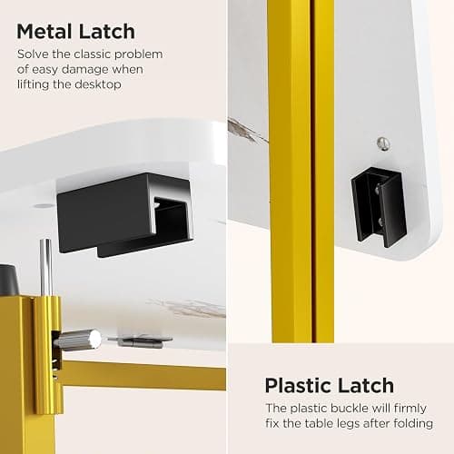 coeztt Folding Desk, 31.5" Small Desk for Bedroom with Power Outlet, Space Saving Foldable Computer Desk for Home Office, Easy Assembly, White and Gold thumbnail 8