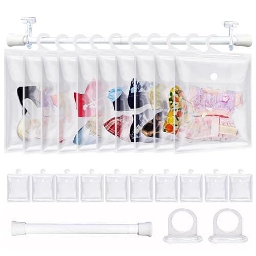 10 Pack Clear Doll Clothes Storage Bags with Hanging Rod & Hooks, Compatible with Labubu Clothes - PVC Transparent Organizer Set for Dolls, Space-Saving Wardrobe System - Image 1