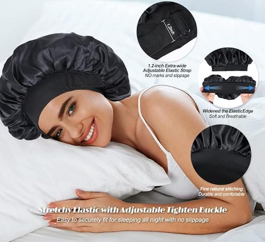 Silk Bonnet for Sleeping Double Layer Satin Bonnet Adjustable Bonnets for Black Women Sleep Cap Reversible Hair Bonnet for Curly Hair (Black and Leopard) thumbnail 6