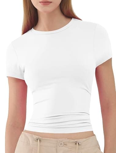 Womens Basic Short Sleeve Slim Fit T Shirts Soft Crewneck Crop Y2k Tees Summer Stretchy Cute Tops - White - M thumbnail 3