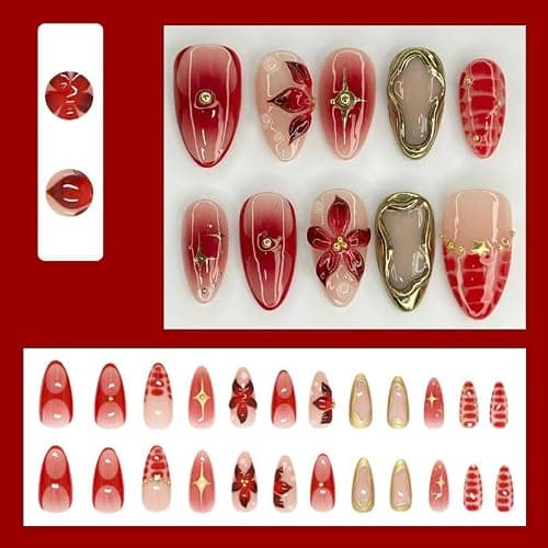 MouyouGlow Press on Nails Kurz,Almond Rot French 3D Blumen Floral Bubbles Gold Aura Striped Sterne Design Mandel Y2k Fake Nails mit Nagelkleber,Red Flowers Sweet Star INS Künstliche Fingernägel thumbnail 2