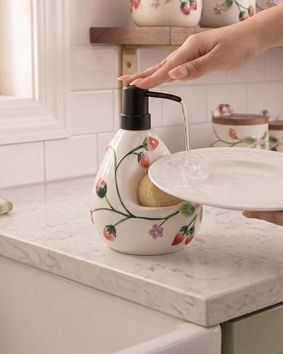 Ceramoira Strawberry Soap Dispenser with Sponge Holder for Countertop, 20oz | Artisanal Handmade, 2-in-1 Cute Lotion Pump, Ceramic Liquid Dispenser & Caddy Combo for Kitchen & Bathroom thumbnail 2