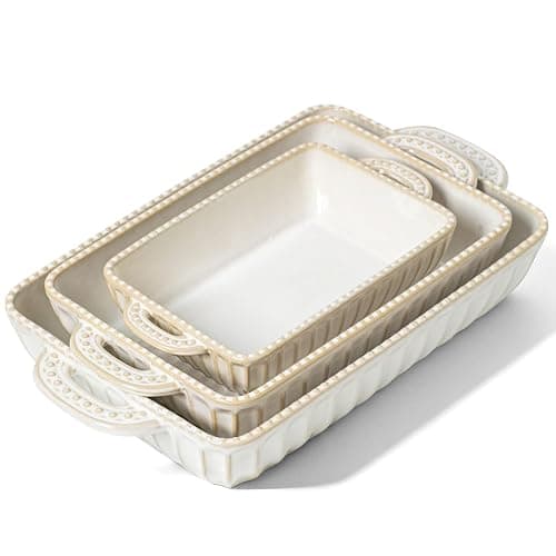 Feenmai Casserole Dish for Oven, Ceramic Baking Dishes Set, Vintage Hobnail Bakeware Sets of 3, Rectangular Baking Pan, Deep Lasagna Pan with Handle for Cake, Wedding Kitchen Gift, 13.77“/11.6"/8.85" - Image 1