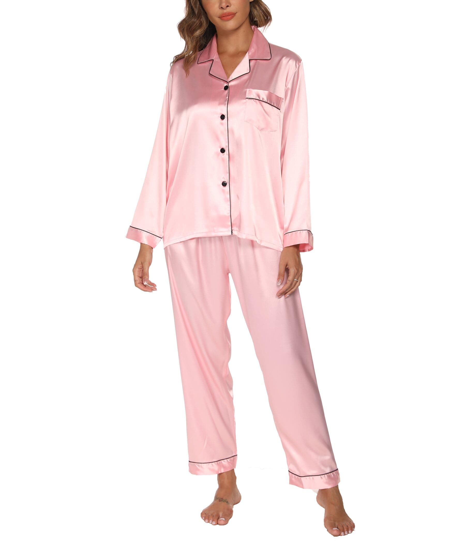 Tefola Pijama de Mujer de satén de Seda sintética-Mujeres Color sólido de Manga Larga Pijamas de Seda Camisones, Conjunto de Pijamas con Botones - Image 1