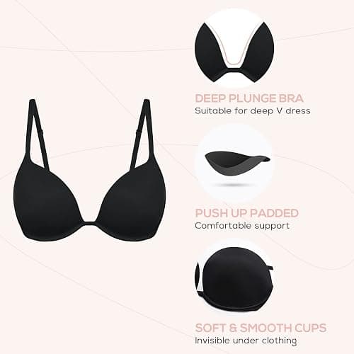 DOBREVA Women's Push Up Bra Plunge Deep V T Shirt Bras Padded Underwire Add One Cup thumbnail 6