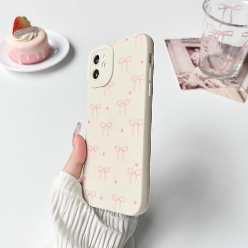 NITITOP Compatible with iPhone 12 Mini Case Cute Aesthetic Bow Ribbon Love Heart Pattern Design for Women Girls Soft TPU Bowknot White Back Shockproof Protective Phone Cover - Pink thumbnail 6