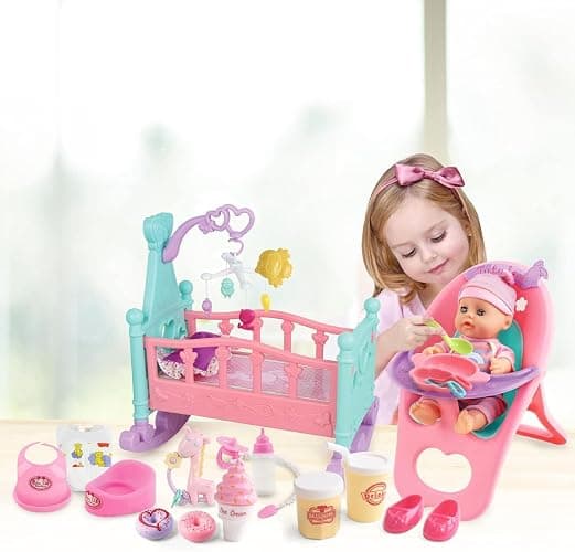 deAO 12” Baby Doll Play Set with Crib, Mobile, High Chair Feeding Accessories, Interactive Dolls for Girls Kids Pretend Play Baby Dolls 21 PCS thumbnail 2