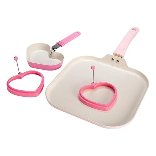 Paris Hilton Breakfast Ceramic Nonstick Cookware Set, Includes Square Griddle, Mini Heart Shaped Fry Pan and Two Silicone Heart Shaped Egg Rings, 4-Piece Set, Pink - Image 1