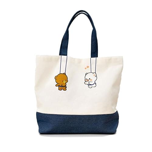 Milkmochabear Hanging Out Canvas Tote Bag Authentic Merchandise With Denim Straps Zipper Pocket Magnetic Closure For Men Women Unisex Cute Adorable Casual Daily Use Shopping Travel Fun - Image 1