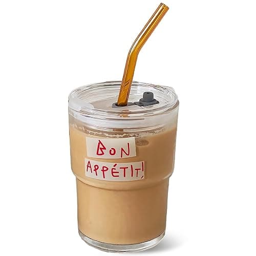 Olvini 13oz Glass Tumbler with Straw and Lid, Reusable Iced Coffee Cup Tumbler, Cute Glass Cups for Water, Matcha, Travel Coffee Mugs (Bon Appétit) - Image 1