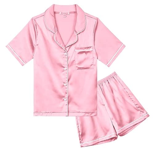 QPANCY Kids Satin Pajamas Sets Baby Boy Girl Button-Down Silk Sleepwear 2 Piece Short Sleeve Loungewear Clothes Set