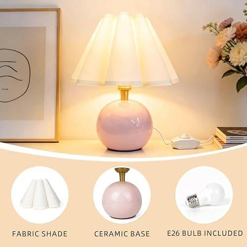 Komothala Small Bedside Table Lamp, Ceramic Stepless Dimmable Lamp with Scalloped Fabric Shade,Decorative Accent Light for Nightstand, Living Room, Console or Kids Dorm,Pink (E26 LED Bulb Included) thumbnail 8