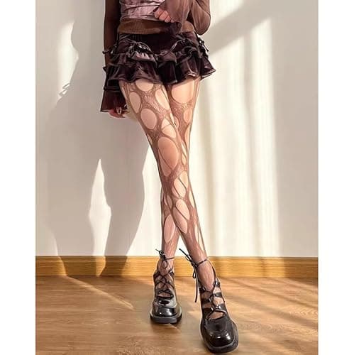 RUSTAMM Ripped Fishnet Stockings Tights Gothic Irregular Hole Hollow Out Mesh Lace Pantyhose Women Cosplay Party Accessories - One Size - Brown thumbnail 5