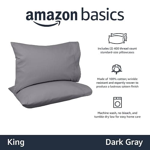 Amazon Basics 400 Thread Count Cotton Pillow Cases, King, Set of 2, Dark Gray, 40" L x 20" W, Pillows Not Included thumbnail 2