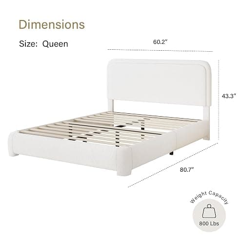 BarnFurin Queen Bed Frame with Headboard, Boucle Upholstered Platform Bed Frame, Luxurious Soft Rounded Corners, No Box Spring Required, Easy Assembly, White thumbnail 2
