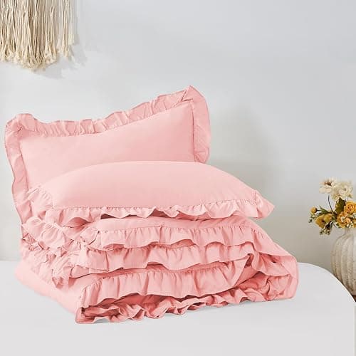 FUANNA Pink Queen Comforter Set, 3 Pieces Ruffle Queen Bed Set, Fluffy Bed in a Bag Queen for All Seasons, Shabby Chic Bedding Comforter Sets with 1 Lightweight Comforter & 2 Pillowshams thumbnail 9