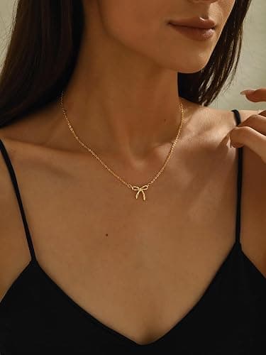 Treasure Bender Christmas Gifts Stocking Stuffers Bow Gold Necklace for Women Non Tarnish Dainty 14k Gold Plated Pendant Necklaces Trendy Cute Charm Bow Necklace Gold Jewelry for Women Birthday Gift thumbnail 7