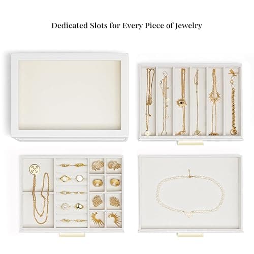 Vlando 3-Drawer Jewelry Box Organizer with Glass Lid, White | Faux Leather Jewelry Organizer for Rings Earrings Necklaces and More, Gift-Ready Jewelry Case for Women Girls or Moms thumbnail 5