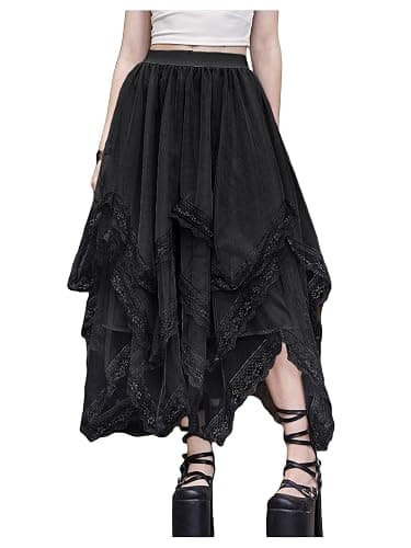 SHENHE Women's Lace Trim Layered Mesh Tulle Skirt High Waist Asymmetrical Long Goth Skirt - Image 1