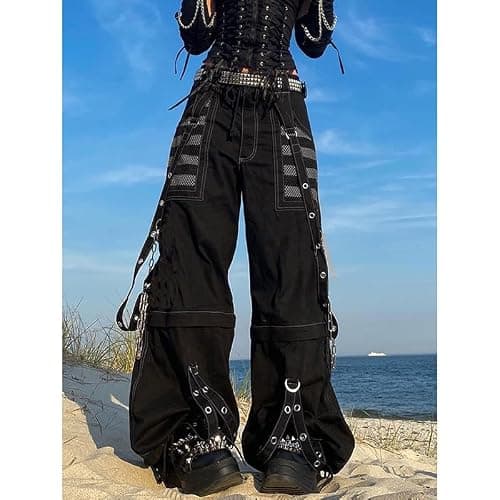Kodaruber Women Vintage Goth Hip Hop Jeans Punk High Waisted Baggy Bootcut Jeans Strap Chain Striped Wide Leg Denim Pants thumbnail 2