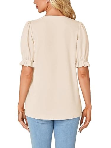Rooscier Women's Pleated Notch V Neck Puff Short Sleeve Office Shirt Blouse Top thumbnail 2