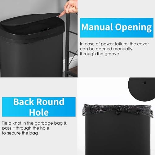 BestOffice | 13 Gallon Trash Can with Lid | Automatic Touchless Garbage Can | Odor Control | Modern Oval Design | Easy to Clean | Plastic | Black | Fits Any Kitchen, Bathroom, Office or Home thumbnail 5