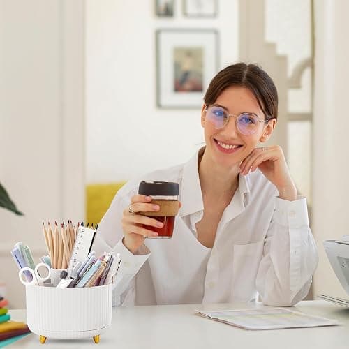 SKYDUE 360 Rotating Organizer - Dual-Purpose Pen & Pencil Holder with 5 Slots, Suitable for Office, School, or Home (White) thumbnail 6