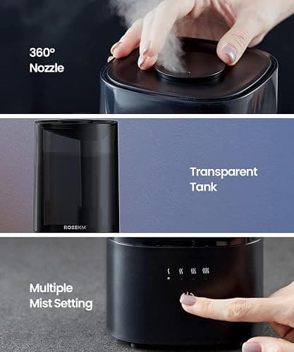 ROSEKM Humidifiers for Bedroom, 2.0L Cool Mist Humidifier for Home Plant and Baby Nursery, Quiet Ultrasonic Humidifier with 360° Nozzle, Auto Shut-Off, Filterless, Black thumbnail 4