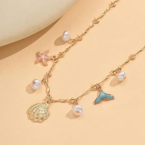 Shell Starfish Necklace for Women, 14k Gold Plated Boho Layered Beaded Charm Pendant Necklace, Dainty Adjustable Pearl Conch Summer Beach Vacation Jewelry Gifts thumbnail 6
