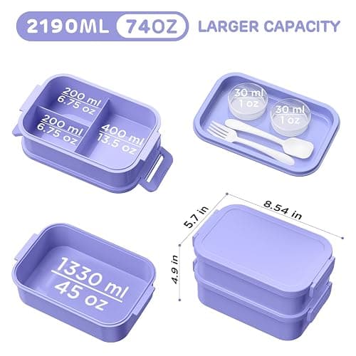 Lunch Box Adults Bento Box - 74 OZ All-in-One Stackable Lunch Box Containers for Adult Large Bento Box with Fork Spoon Sauce Boxes, Leakproof Lunchbox for Work School Dining Out,Macaron-Purple - 4-Macaron Purple thumbnail 2