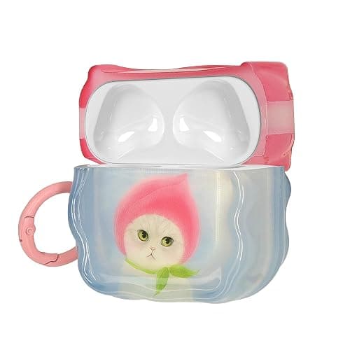 kwmobile in-Ear Headphones Case for Apple Airpods 4 - Protective Shockproof Case for Earbuds with Keychain - Soft & Durable Cat and Peach - Image 1