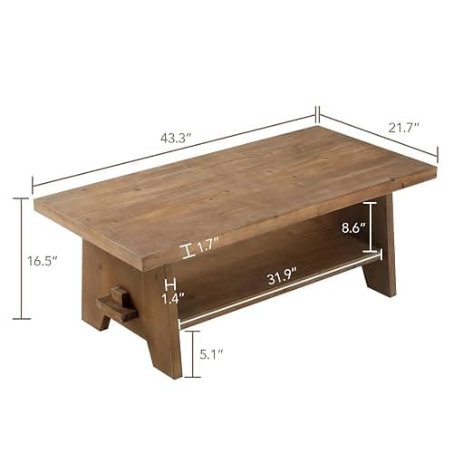 Farmhouse Wood Coffee Table - 43.4” Mid Century Modern Wooden Coffee Tables for Living Room, Solid Firwood Tabletop Rectangle Coffee Table, Center Table for Living Room, Brown - Brown thumbnail 2