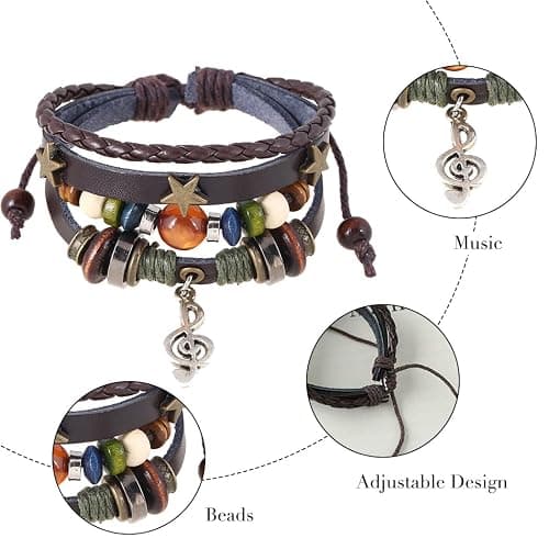 Dmaiy Leather Music Bracelets Braided Beaded Bracelet Black Stackable Bracelets for Women and Men - Brown music thumbnail 5