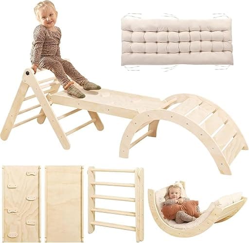 Yopnoyik Pikler Triangle Set with Cushion, 7 in 1 Toddler Climbing Toys Indoor, Montessori Foldable Climbing Set, Wooden Climbing Toys for Toddlers 1-3 Inside with Ramp, Arch and Ladder (Nature Wood)