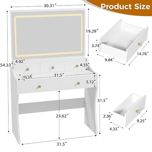 COMHOMA Makeup Vanity Desk with Mirror and Lights, Vanity Table and Chair Set with 5 Drawers and Charging Station, Bedroom Dresser LED Mirror Stepless Dimmable & 3 Color Modes Adjustable, Pearl White thumbnail 2