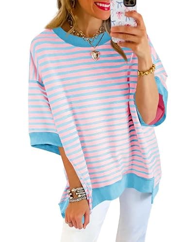 Tankaneo Womens Oversized T Shirts Striped Color Block Cotton Tops Summer Casual Half Sleeve Loose Fit Crewneck Sweatshirts - Image 1