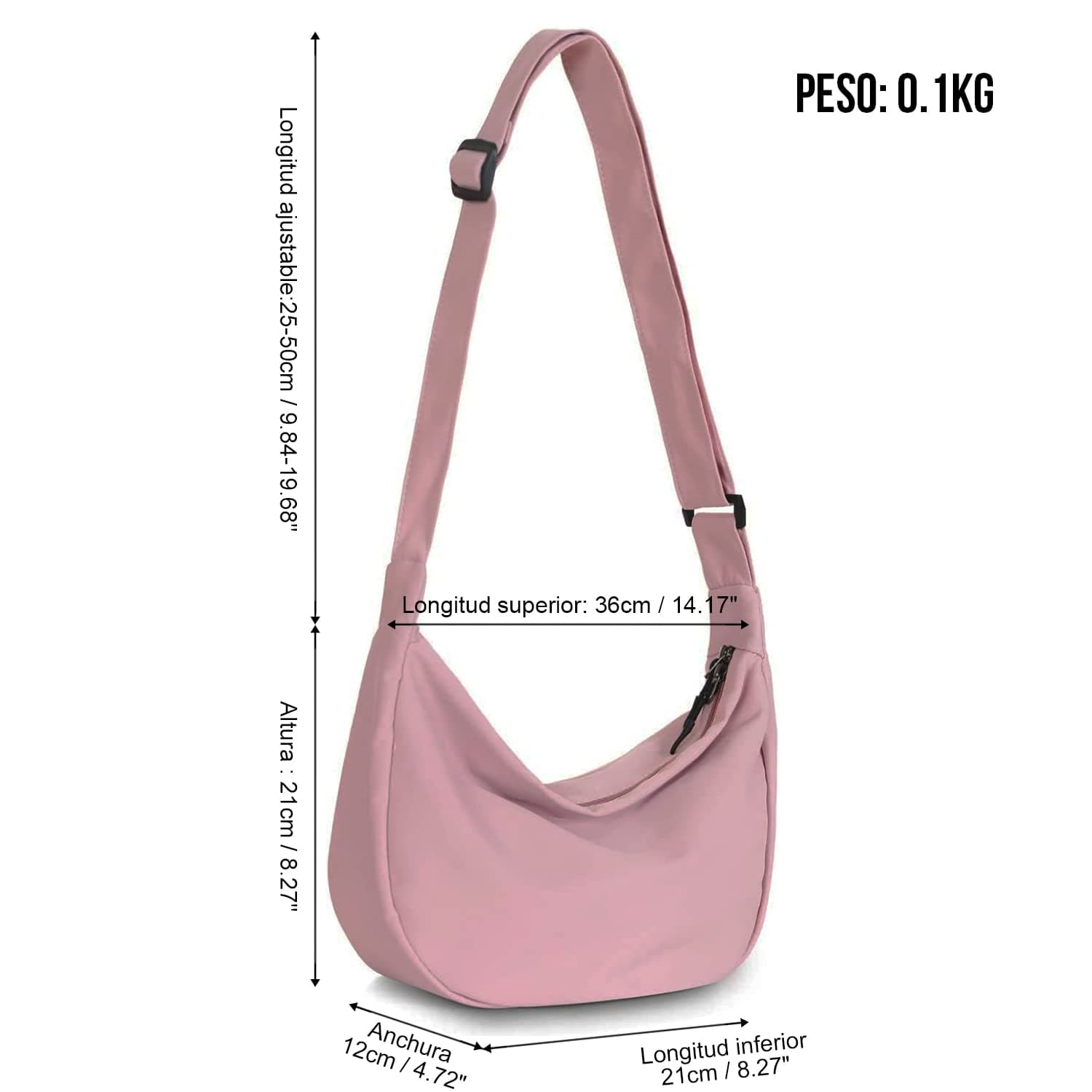 Bolso Cruzado Media Luna Nylon Impermeable Bandolera Ligera Cremallera Hobo Tote Fanny Pack Viaje Escuela Deporte Trabajo - Negro thumbnail 5