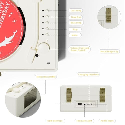 Yintiny Rechargeable Leather CD Player with Speakers, Bluetooth Transmitter, Festival Gift, BGM Player for Home Decor., white thumbnail 8