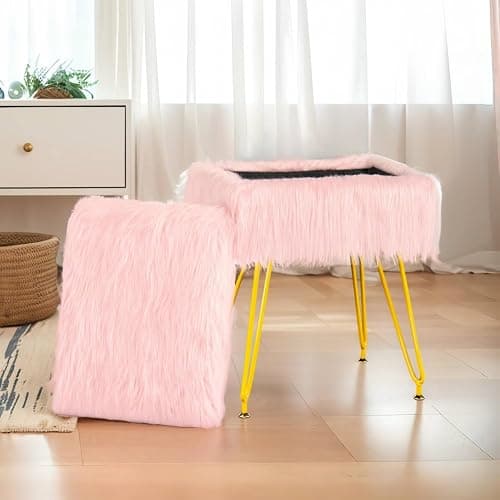 MOOWIND Vanity Stool Chair with Storage, Soft Ottoman Seat Vanity Stool with Anti-Slip Feet, Fluffy Padded Seat Multifunctional Footrest Side Table with 4 Metal Legs for Makeup, Bedroom, Pink thumbnail 2