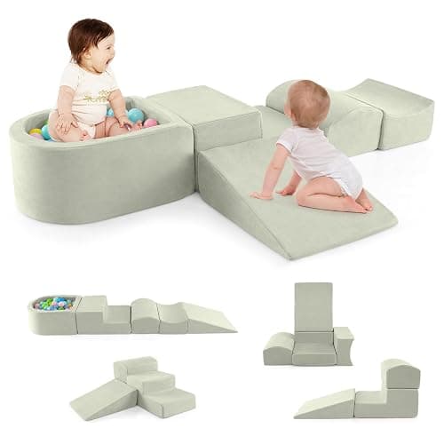 COSTWAY 5-Piece Soft Play Climbing Blocks, Baby Climb and Crawl Playset with Ball Pit, Foam Playground Montessori Toy for Toddlers (Green) - Green - Image 1