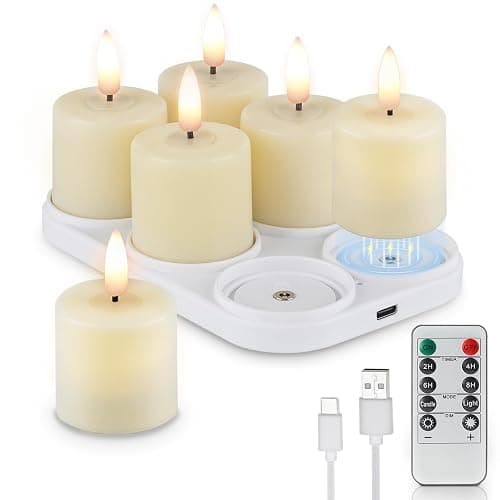 Rhytsing 6 Rechargeable Flameless Votive Candles with Timer for Home Decor, Led Faux Battery Operated Tealight Candles with Magnetic Charging Base, Type-C USB Cable, Remote Included-D1.6 X H2.7 inches - Image 1