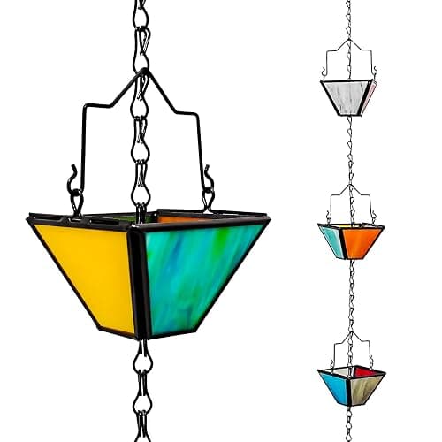 Rain Chain Set 8.5FT,Handmade Pure Copper Inlaid Stained Glass Vintage Style, Rain Chains for Drains to Divert Water & Home Display, Garden Decoration (Mutil col) thumbnail 6