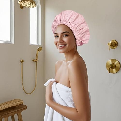 Reusable Shower Cap for Women, Large Waterproof Shower Essentials Bonnet Washable Elastic Band Bath Hair Wrap Hat for Long Hair, Braids(Pink&Beige) thumbnail 4