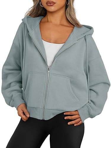 Trendy Queen Zip Up Hoodies For Women Cropped Sweatshirts Fall Fashion Outfits 2025 Y2k Fleece Teen Girls Clothes - Grey Green - Medium