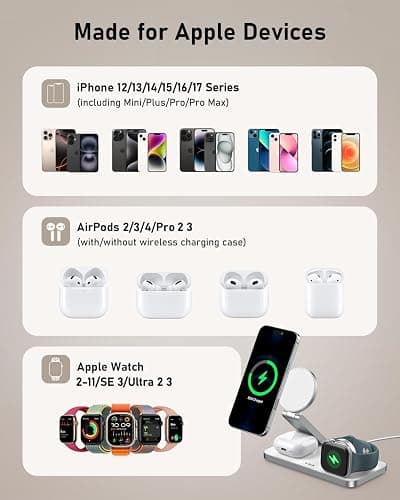 VBA 3 in 1 Wireless Charging Station for Apple MagSafe Charger,Foldable Fast Charging Magnetic Wireless Charger Stand,Travel Charger for iPhone 17 Air 16 15 14 13 12,Apple Watch,AirPods Pro(White) thumbnail 8